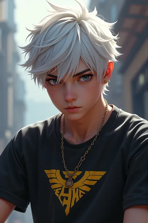 A teenage male character gamer version of Free Fire with white hair and a black shirt with the name Free Fire 