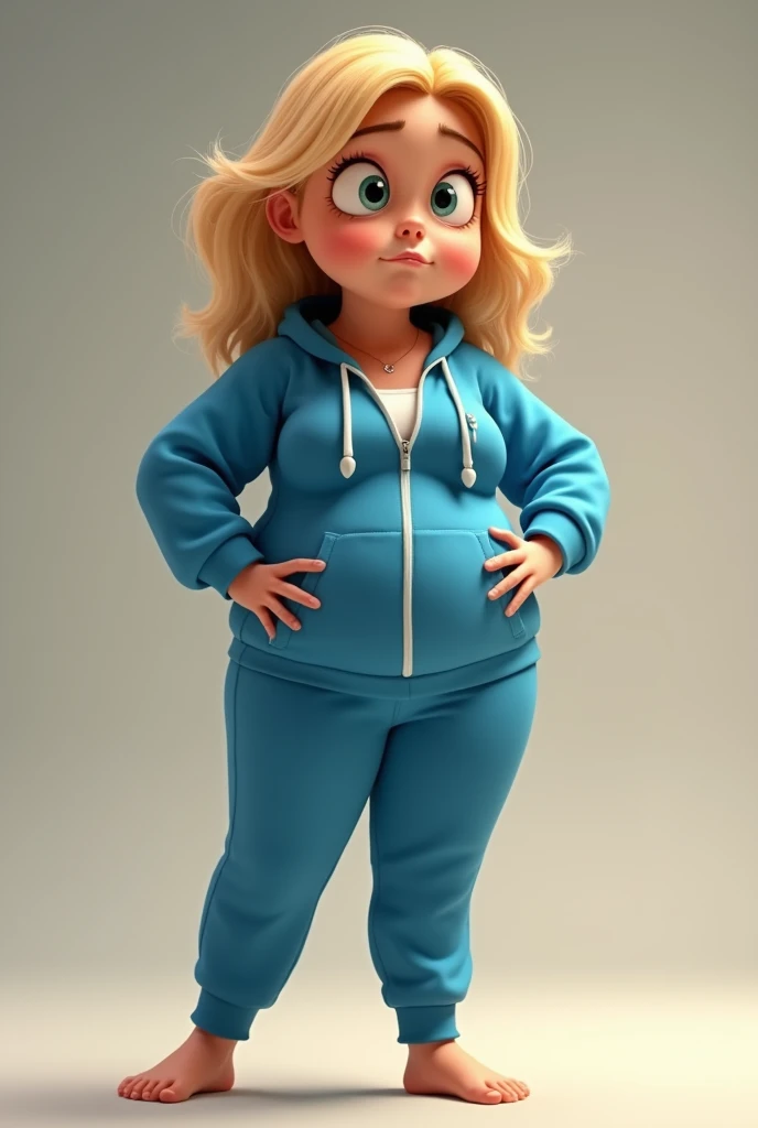 bratty girl in a blue tracksuit. Blonde hair. Ugly. Mean. Rude. Rude bored expression. Rolling eyes. Hands on hips. Barefoot. Tall. Slim, except her bloated belly. Pixar style, 