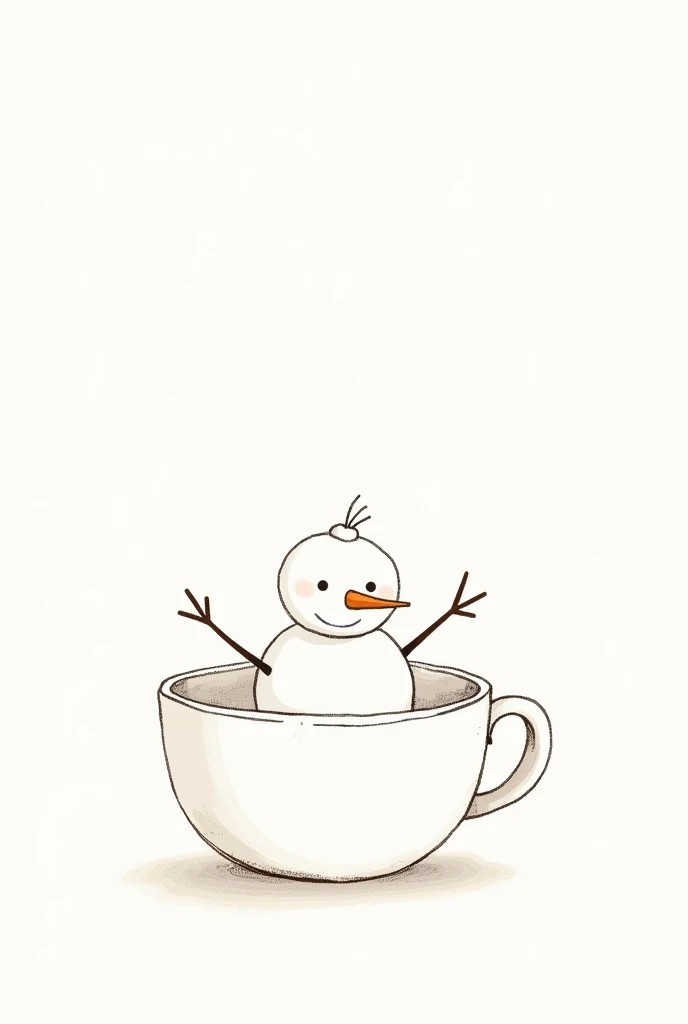 Snowman sitting in a coffee cup, line drawing