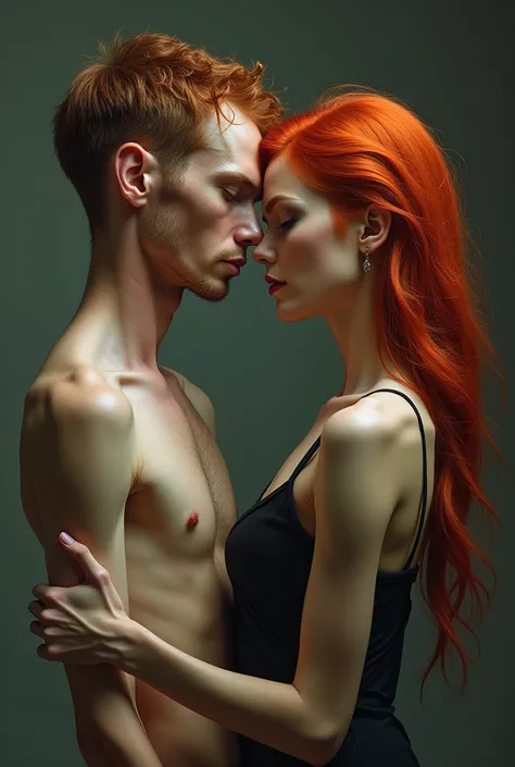 Very very thin man next to his partner, a very ugly woman with red hair, the woman must have a very ugly face