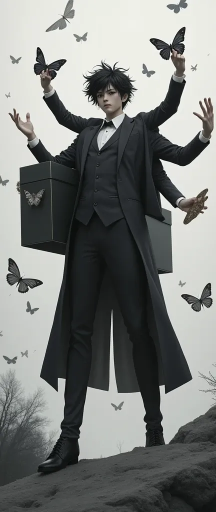 Izuku Midoriya that has a possesses five arms, two at each shoulder and one coming from its chest. He wears a black suit and coat with a single white sleeve for its middle arm. He carries a black coffin with a butterfly engraved on its lid behind its back ...