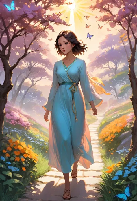 Main Subject: The Young Woman

    Character Design:
        The young woman is depicted as reflective and determined, standing or walking on a path that represents her personal growth and self-discovery. She could be dressed in a simple, comfortable outfi...