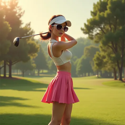 A female golfer wearing a white bratop and pleated hot skirt, sunglasses and visor, holding a golf club with a graceful swinging motion, on a picturesque golf course with sunlight and trees in the background