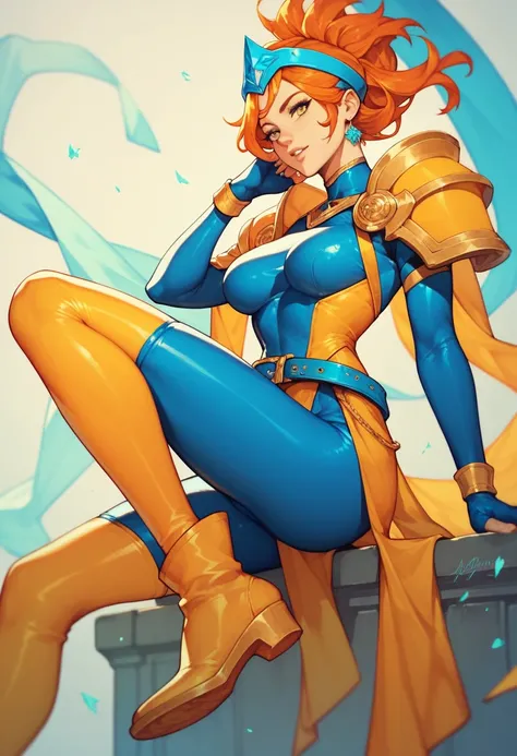 1girl, beautiful, slim, blue headpiece, orange hair, blue spandex suit, yellow side parts, blue shoulder pads, blue fingerless gloves, yellow sides, blue belt, yellow leggings, yellow high boots,