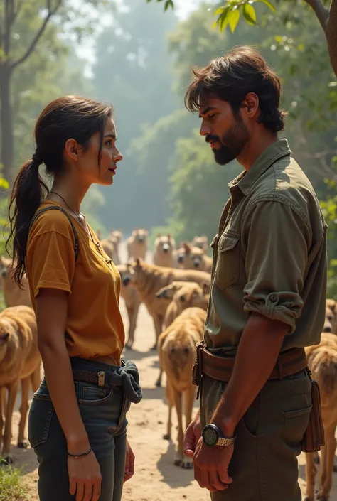 A young woman talking with a man who is looking after wild dogs 