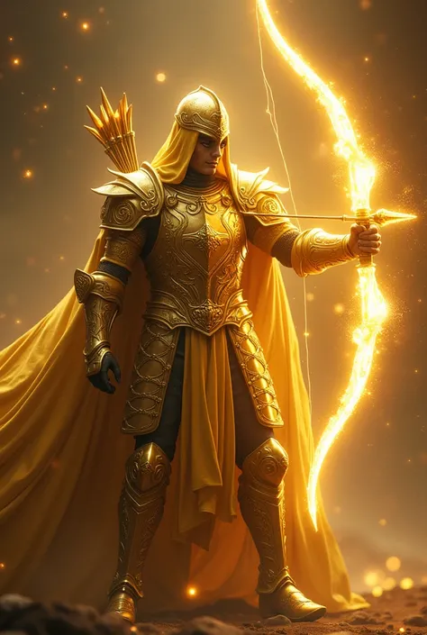 A person with a white fire bow in the armor of the golden knight of sagittarius 