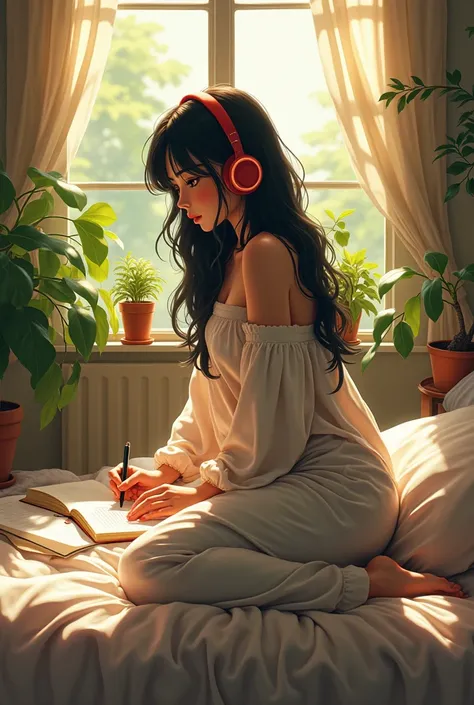 anime girl in am room with headphone in night writing and listening, wearing loose off-shoulder top, pajama pants, long curly hair, indoors, soft lighting, plants in background, window with sunlight, cozy room, relaxed pose, realistic, intricate details, w...