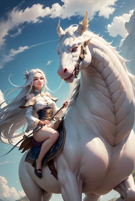 One beautiful man、Her skin is white and shiny like porcelain.、Long silver hair blowing in the wind、Beautiful body with moderate muscles、She is riding a dragon and smiling.。Dragon、Based on the giant salamander, with cute big eyes and expressive faces.、Flyin...