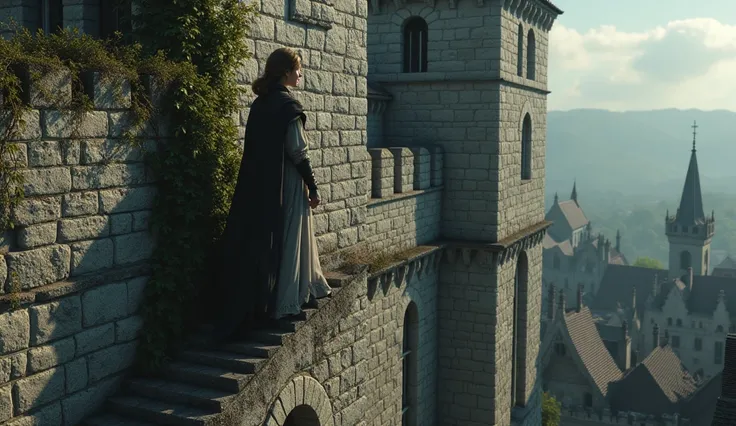 A young woman dressed in medieval clothes climbs a medieval building.