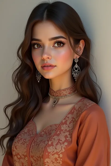 Make a beautiful Pakistani girl age of 19 with sharp futures and normal color dark brown eye with brown hair and four ear precision in kamize shalwar and look realistic 
