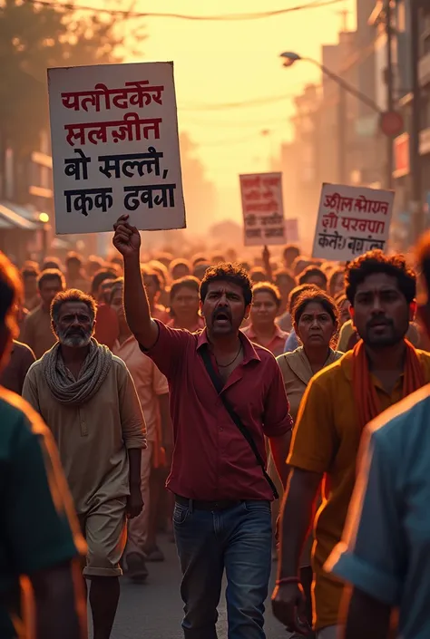 Shaam ka samay hai ladke ladkiya hath main masal Or poster lekar road say ja rahe hai naare lagete hue humari maange puri karo sarkaar hosh main aao poster par likha hai madhya pradesh sarkaar hosh main aao