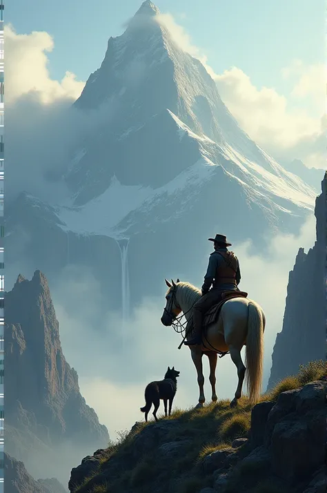 A man on a horse on a mountain peak, observing nature in the morning, the cloudy weather, waterfalls around you, and a dog next to the horse 