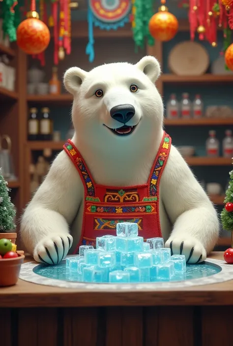 Create an image showing a polar bear wearing an apron selling ice cubes in a store, This place must be decorated with ornaments alluding to the national holidays of the country of Chile.