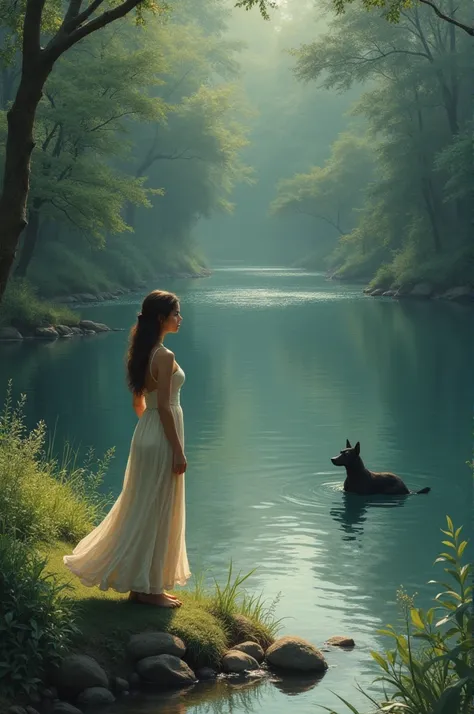 Lady standing on the edge of a river looking ahead at a black dog
