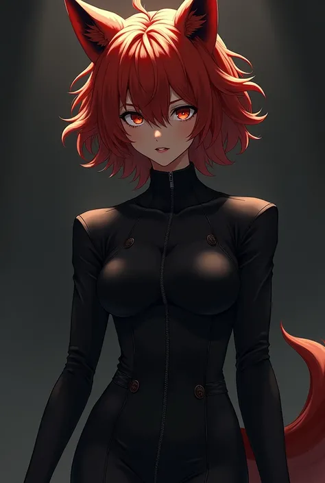 Character with voluminous red hair, Brown eyes with red highlights in a black spy suit, dark skin color, fox type eyes, in the style of the Boku no Hero anime