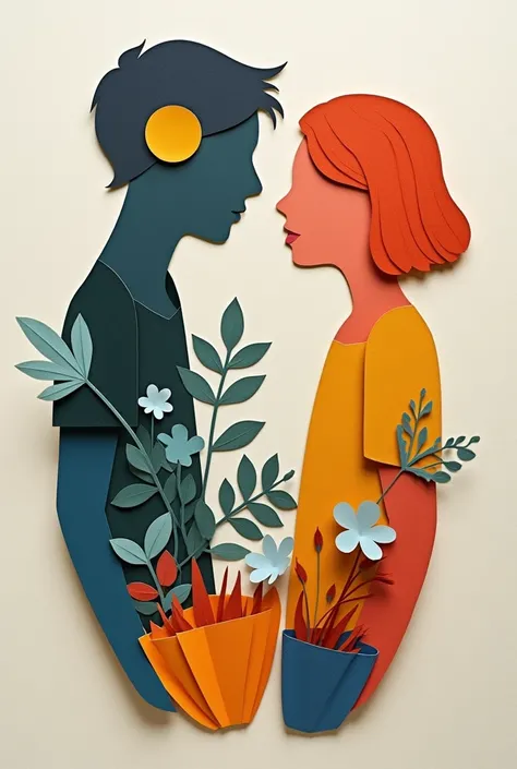 Make a two-dimensional composition based on the elements of the design and that appears to be made with cutouts and cut sheets of paper., that transmits a message of sadness and the other half happiness, another like that but more abstract 