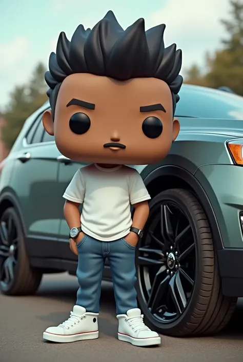 Create funko pop man, spiky hair,n, half fat, a watch on the left hand, White shirt, denim pants, WHITE TENNIS, recharged in a lead-colored Chevrolet Captiva, with large black rims with chrome rims.