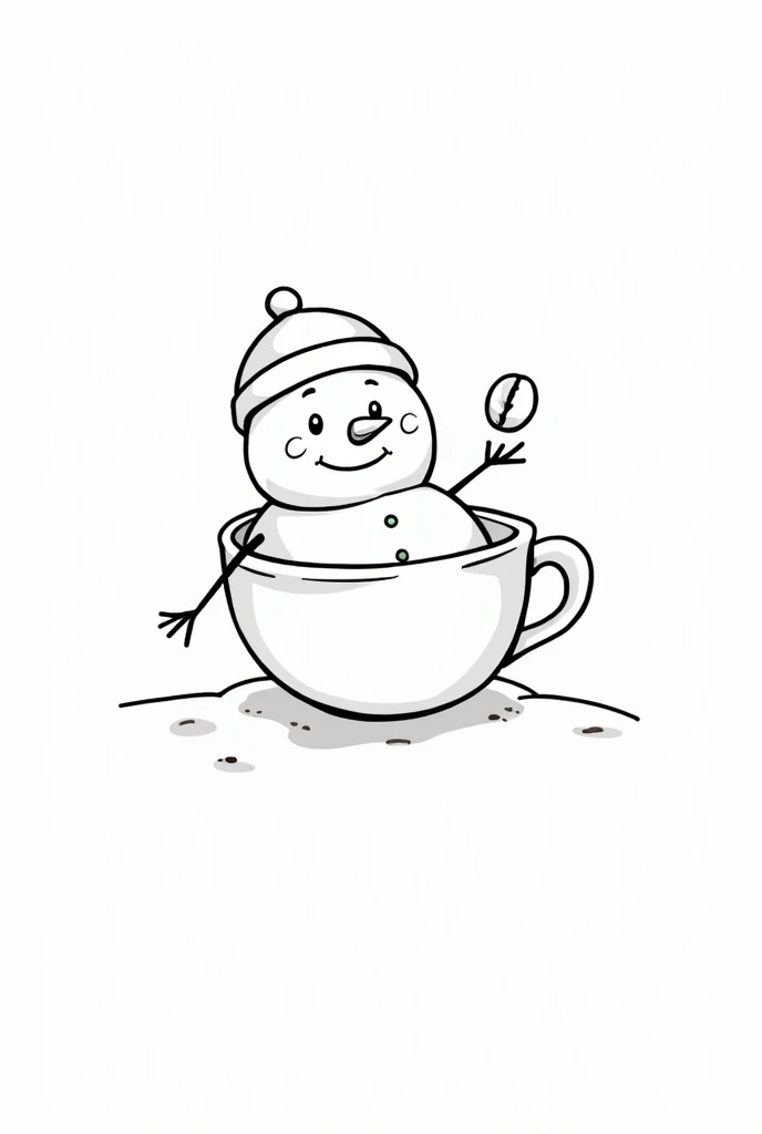 Logo of a snowman sitting in a coffee cup, wearing a hat, smiling broadly, holding a coffee bean in his hand, line drawing.