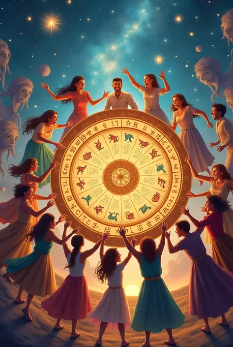 Happy people dancing around the zodiac wheel ,with the zodiac signs