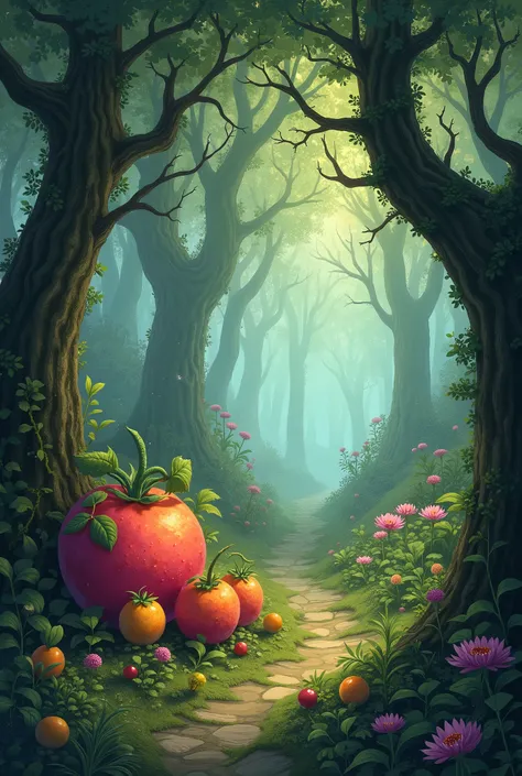 Create a picture of a dark forest from a children&#39;s story with fruits


