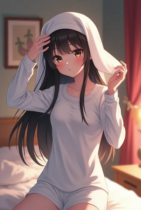 Young anime nun in pajamas taking off her hair cover in her room