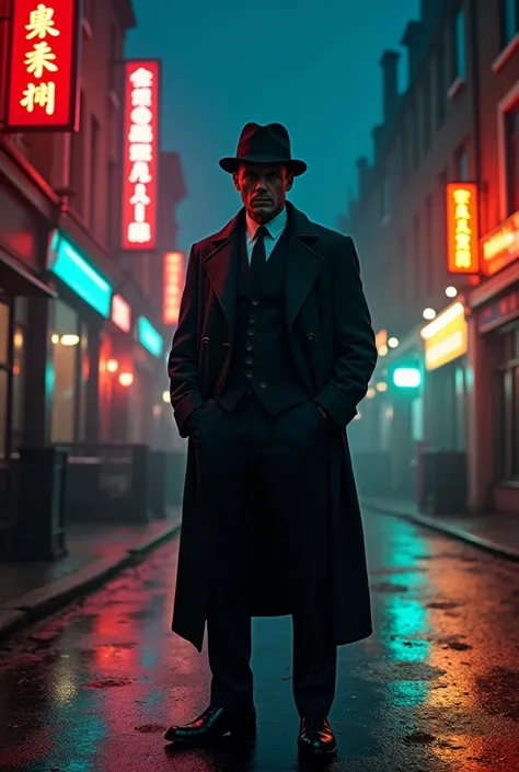 Peaky Blinders style man on London street in vibrant colors at night , 4K