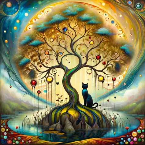 oil and acrylic painting. In the style of Meghan Duncanson, Andy Kehoe and Tom Bagshaw, Klimt. yggdrasill tree, large roots like blown glass tubes sinking into the ground, stained glass branches rising to the sky, in the center dividing the world above and...