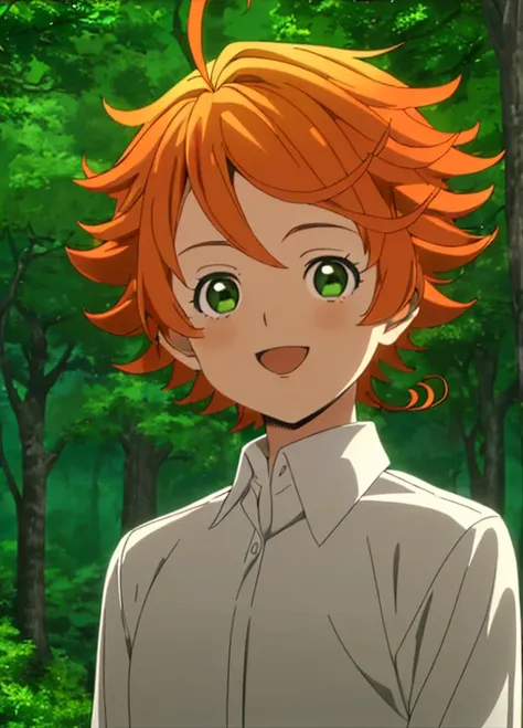 promisedneverland masterpiece, best quality, 1girl, shirt, green eyes, solo, forest, white shirt, number tattoo, nature, short h...