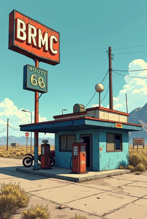 Bande dessinée style GTA V: Au bord de la grande route 68, grande Station-service bleu et blanc délabré des années 80 avec une enseigne nommé BRMC en arriere plan, abritant des pompe a essence.