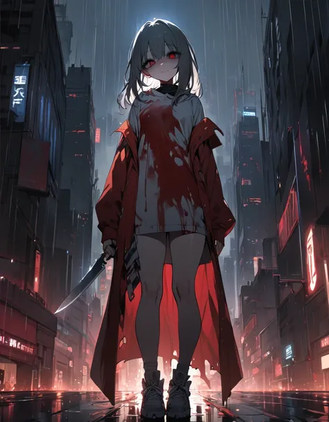 ((masterpiece)),((best quality)),((high resolution)),((8K)),1girl,solo,((yandere)),((holding knife)),((blood return)),((ftont-view)),(full body),BREAK,(shaded face),(empty eyes),(head tilt:1.2),smile,outside,city,evening,rainy