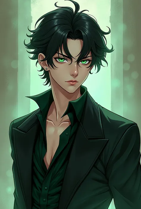 A tall, fair-skinned young man, wavy black hair and green eyes anime style