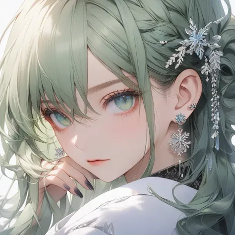 high resolution, Masterpiece, Anatomically correct, precise, high quality, 1 woman, Age 20 years, very long hair, platinum green hair, marine eyes, Unique hairstyles, earring, Dark makeup, A cold expression., simple background, Close-up photography, decora...