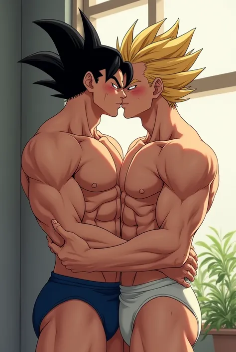 Goku kissing Vegeta (who is a man) in the mouth only in underwear  (gay) (anime styling)