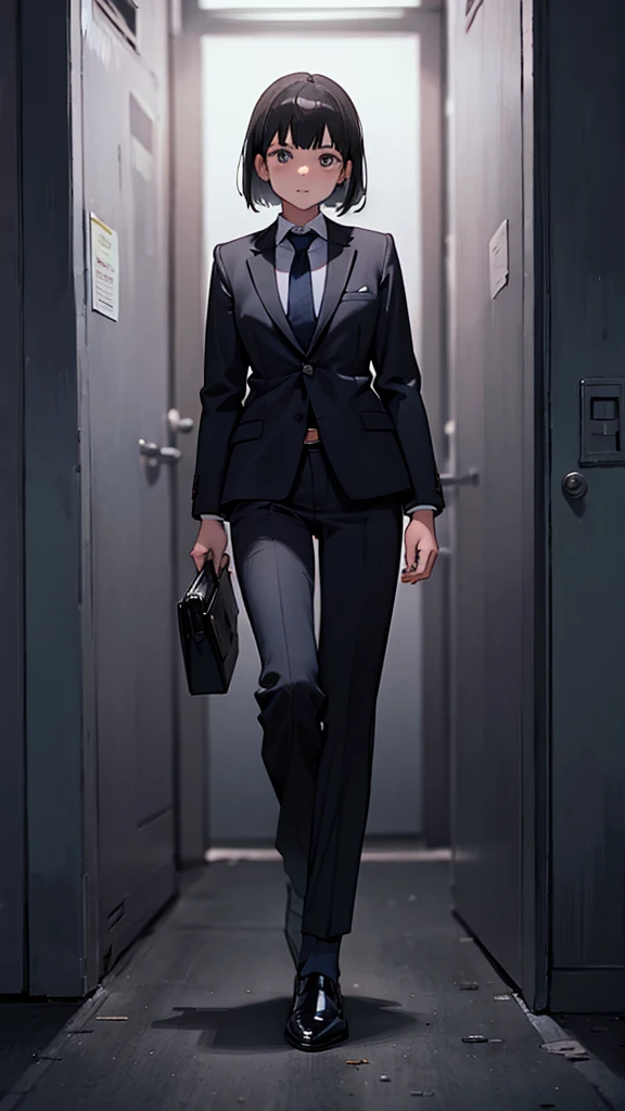 black hair,suit,best,tie,bob,criminal,leather shoes,woman