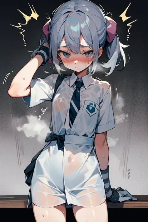 undress A young girl Pokémon trainer covered in translucent sweat,
with a Silver striped tie is sweating from training.take off gloves,Japanese text