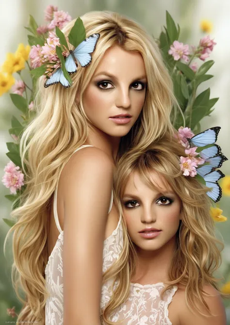 Britney with flowing wavy hair adorned with flowers, no-sleeves dress, Floral Crown, standing pose, natural and serene atmosphere, surrounded by blooming flowers and a butterfly, delicate and elegant. best quality, realisitic, realisitic, award-winning ill...