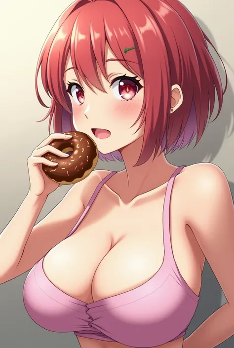 An anime girl with big boobs and short hair eating a donut nsfw nude