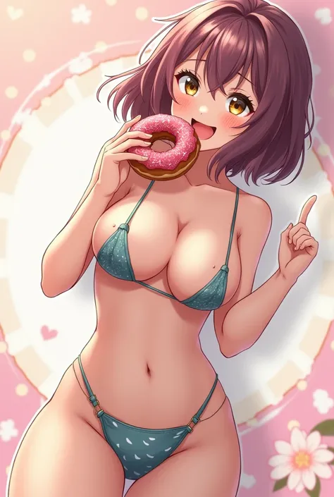 An anime girl with big boobs and short hair eating a donut nsfw nude