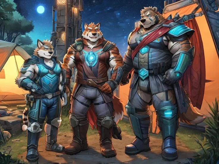 anthro, kemono, male, fantasy world, at night, camping, a team of 4 male,  wizard and hunter and warrior and thief, futuristic c...