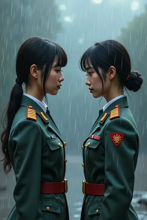 Imagine a beautiful 2 Korean army girl are standing in rain 
