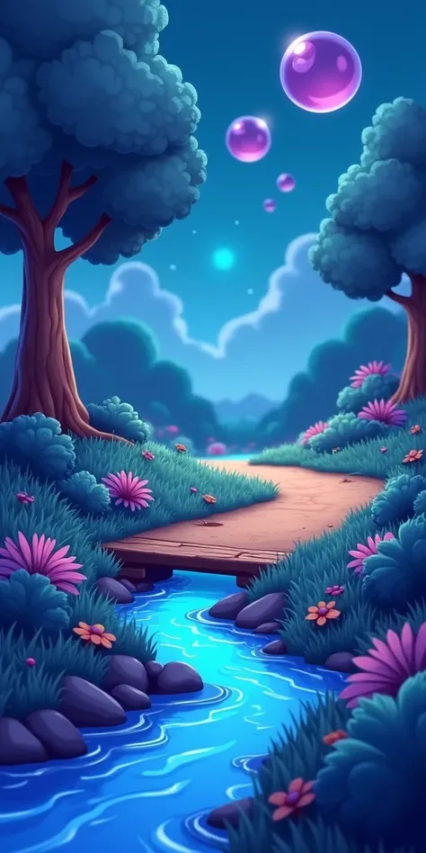 A top view of a 3D toon-style game map for a bubble shooter game with a dark blue theme, featuring a straight dirt road running across the scene. The road crosses a glowing, deep blue stream via a small wooden bridge, surrounded by vibrant dark blue-green ...