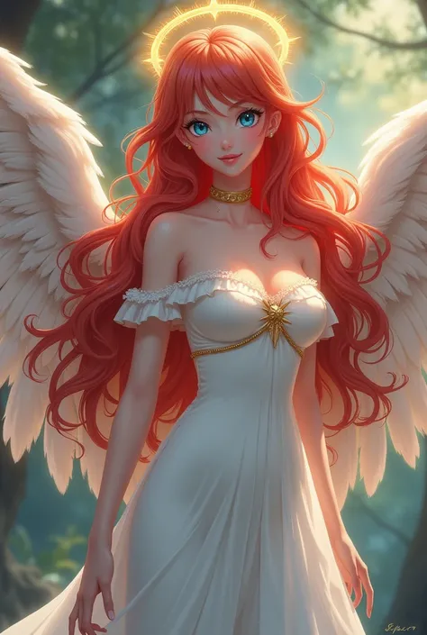 Long Hair, Breasts, Blush, Smile, Blue eyes, Ribbon, Jewelry, Very Long Hair, Closed Mouth, Halo, Red Hair, Shiny Hair, Parted Bangs, Large breasts, Happy, angel, angel wings, white dress, yugioh style, yugioh, yu-gi-oh, yu-gi-oh style, angel, couple, dark...