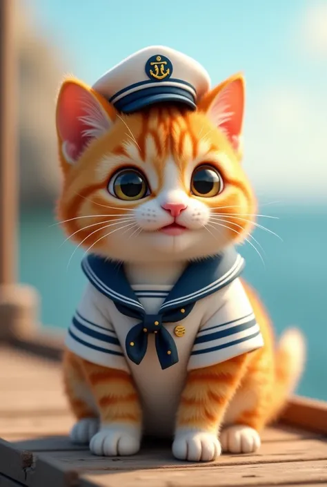 A tiny micro cute cat is wearing a marine outfit with happy face