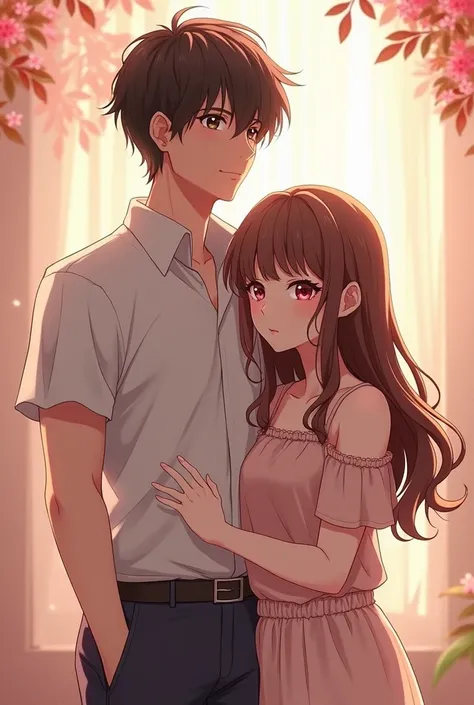 A femboy anime girl with her tall and strong boyfriend