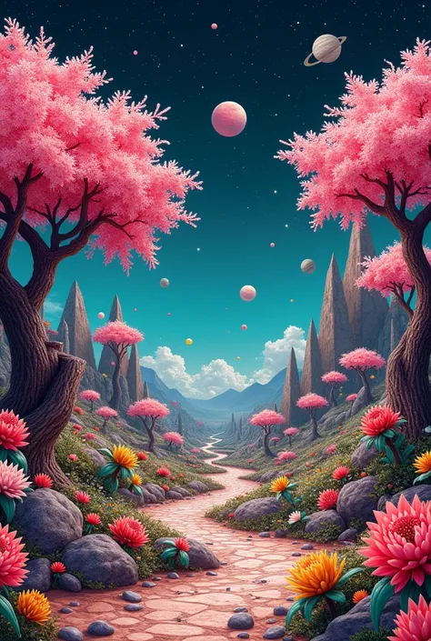 A beautiful landscape that represents Peru, space with stars, Cherry blossoms, flowers with a vintage style and a pop art collage type