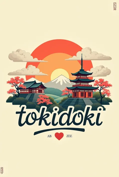 Create me a logo for my business where it has a colorful theme of Japan in the 80s with a circle as the sun, clouds and a Japanese-style landscape and that has large, curved letters saying "TOKIDOKI" and below in small letters put  "H and A" with a soft co...