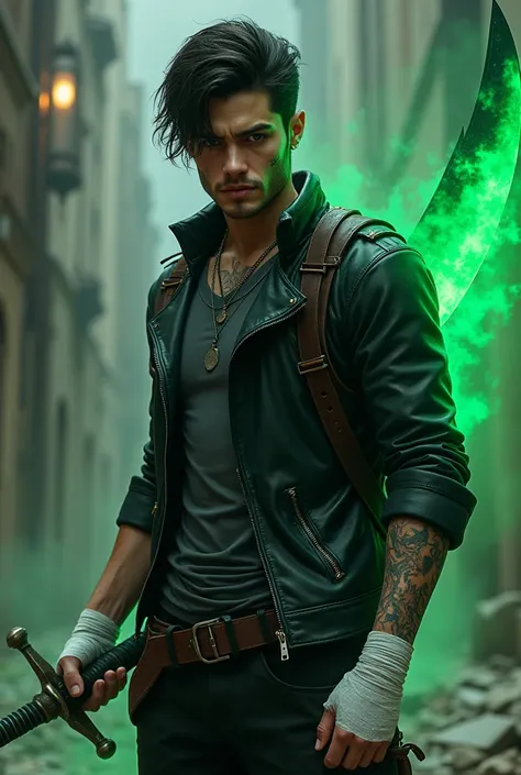 ((best quality)), ((masterpiece)), (detailed), 1 young-adult man, caucasian, attractive, lean body, multiple scars on body, dark grey body fit T-shirt as inner shirt, black hooded unzipped leather jacket over his shirt, leather scabbard at his back, black ...