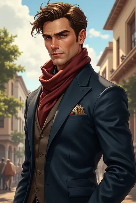 Elegant man, brownhair, shorth hair, formal clothing and scarf around the neck, casual style, bonitas, extremely attractive man, libero, favourable, independent