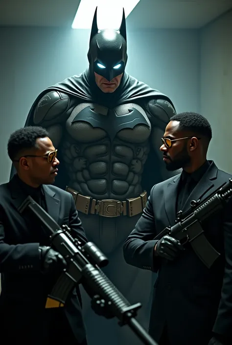  White eyed angry armoured Batman beating up ready to kkill afro american mercenaries wearing black suits and golden sunglasses at a stealth room