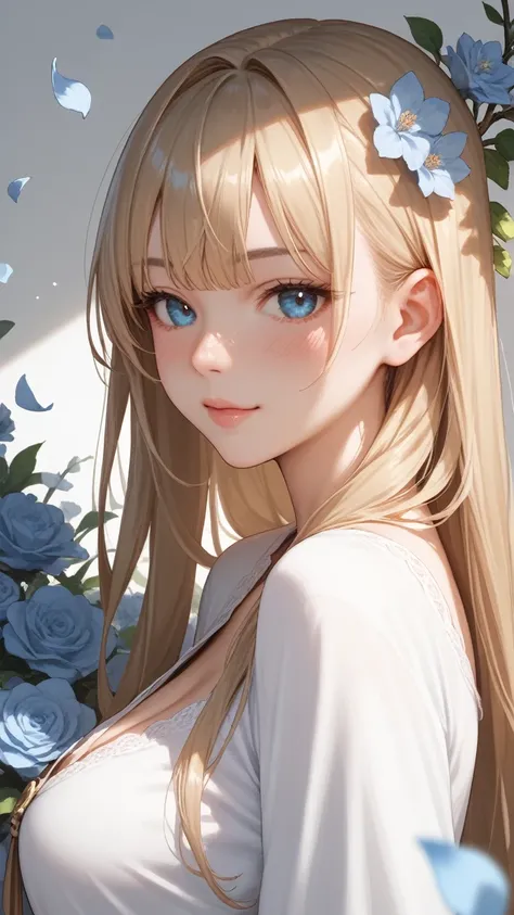 score_9, score_8_up, score_7_up, Girl's profile picture, black long hair with bangs, light blue petals on cheeks, skin texture, detailed picture, halfbody, looking at viewer, blush 